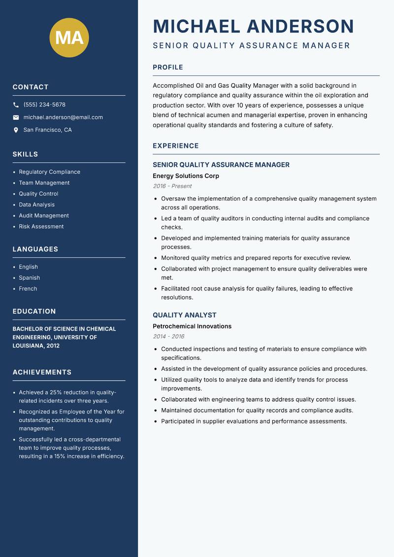 Oil and Gas Quality Manager resume sample — Senior Quality Assurance Manager focus