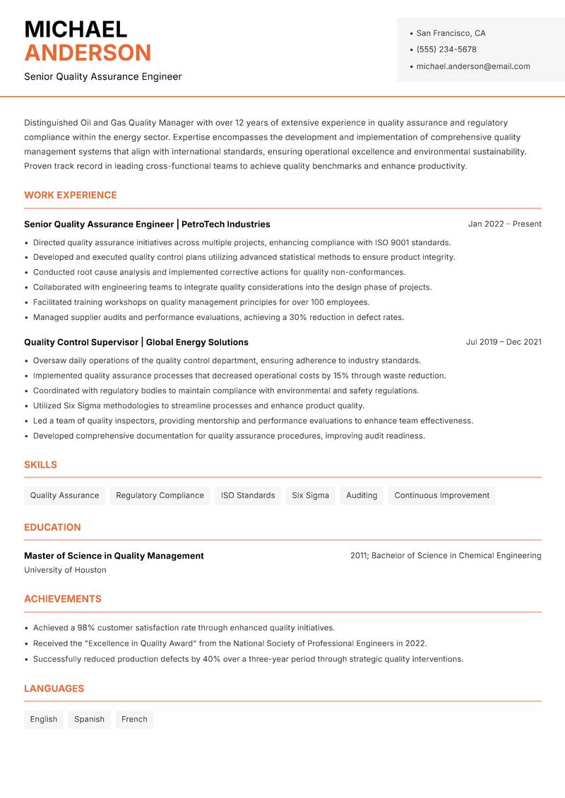 Oil and Gas Quality Manager resume sample — Senior Quality Assurance Engineer focus