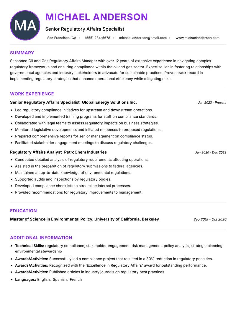 Oil and Gas Regulatory Affairs Manager resume example