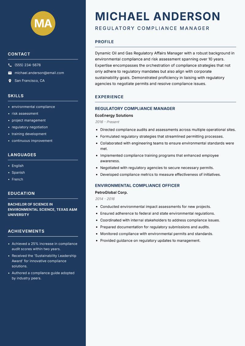 Oil and Gas Regulatory Affairs Manager resume sample — Regulatory Compliance Manager focus