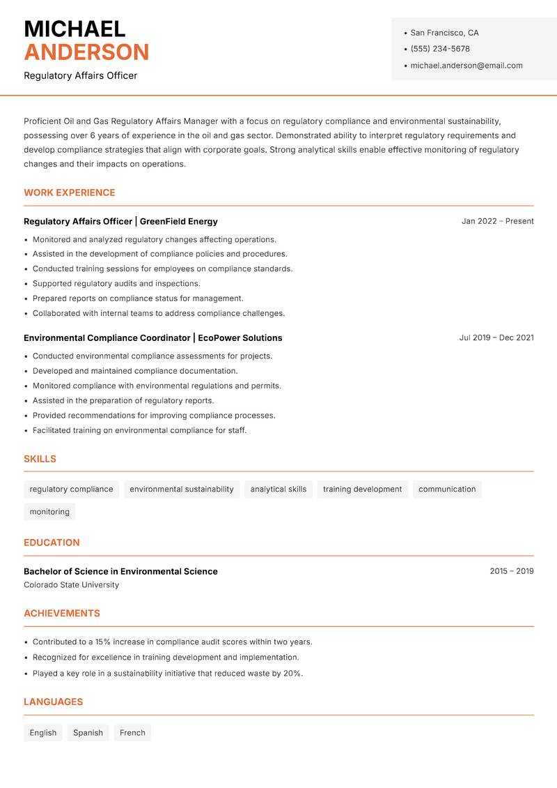 Oil and Gas Regulatory Affairs Manager resume sample — Regulatory Affairs Officer focus
