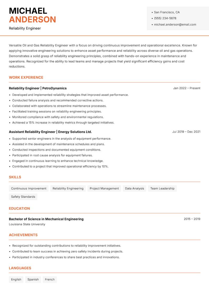 Oil and Gas Reliability Engineer resume sample — Reliability Engineer focus