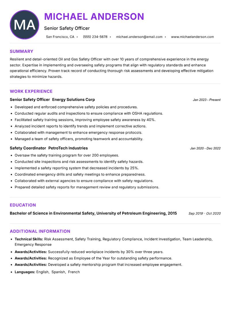 Oil and Gas Safety Officer resume example