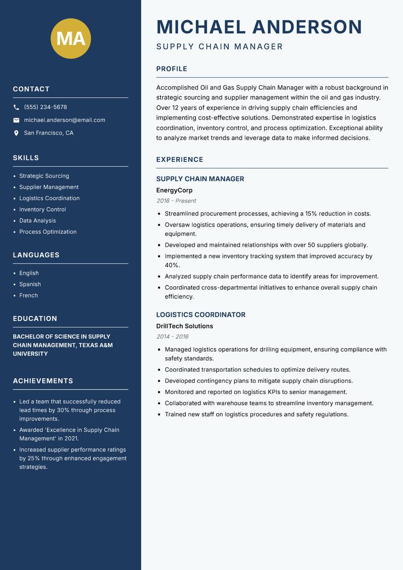 Oil and Gas Supply Chain Manager resume sample — Supply Chain Manager focus