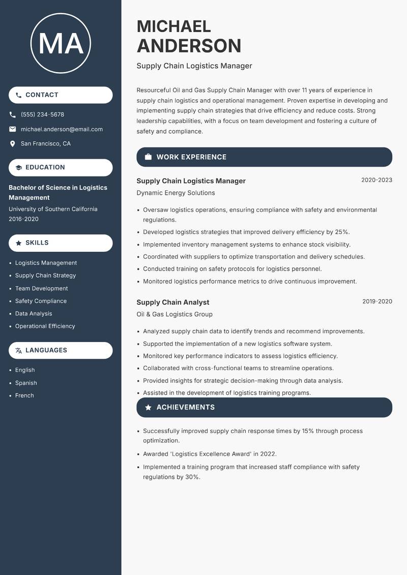 Oil and Gas Supply Chain Manager resume sample — Supply Chain Logistics Manager focus