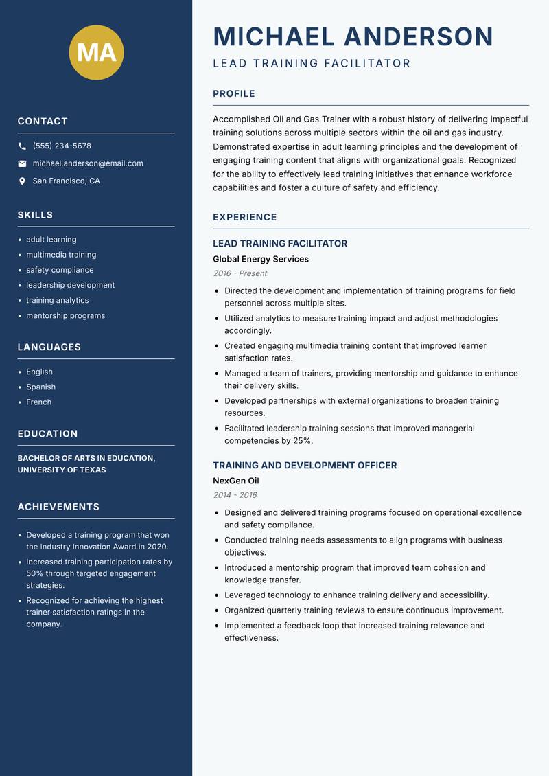 Oil and Gas Trainer resume sample — Lead Training Facilitator focus