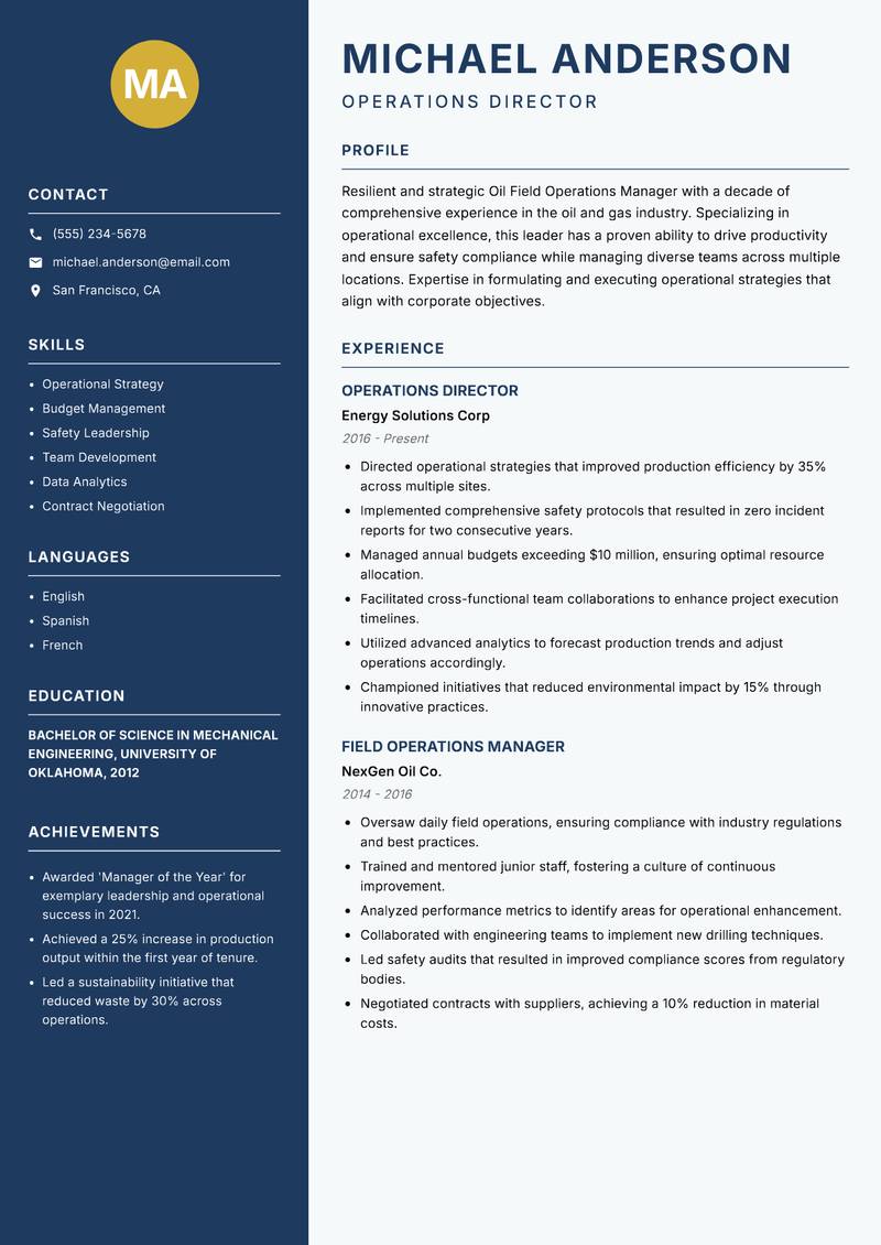 Oil Field Operations Manager resume sample — Operations Director focus