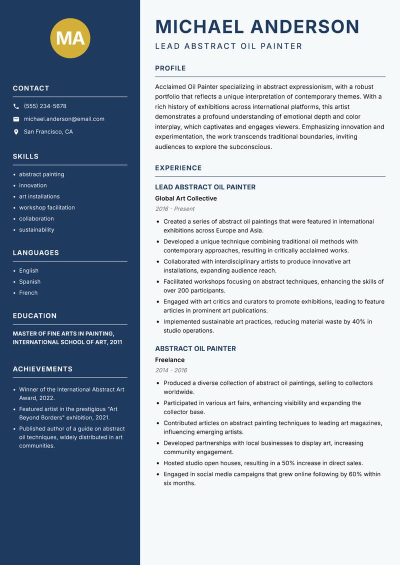 Oil Painter resume sample — Lead Abstract Oil Painter focus