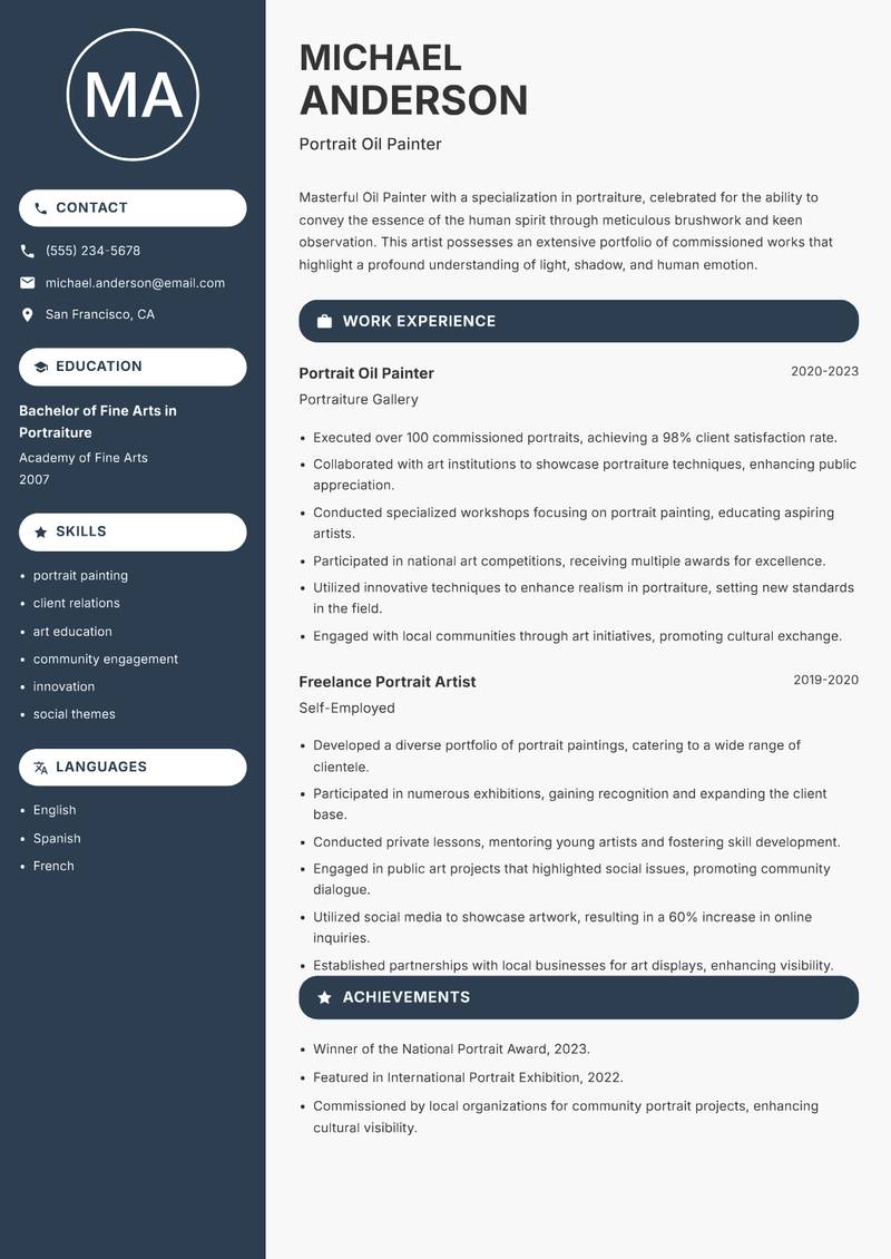 Oil Painter resume sample — Portrait Oil Painter focus