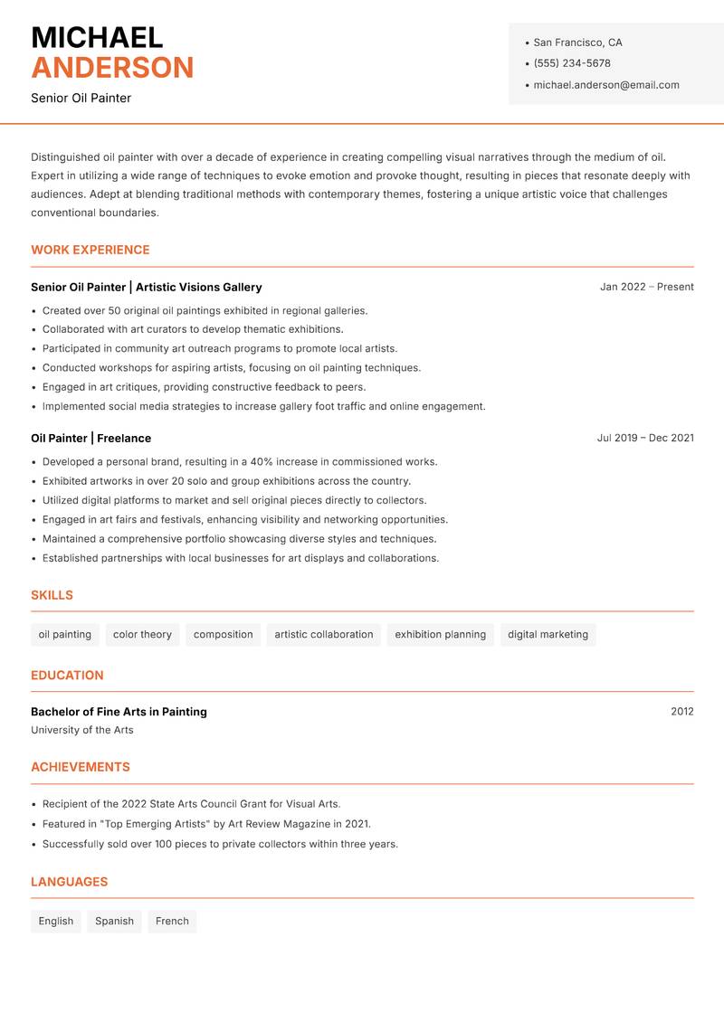 Oil Painter resume sample — Senior Oil Painter focus
