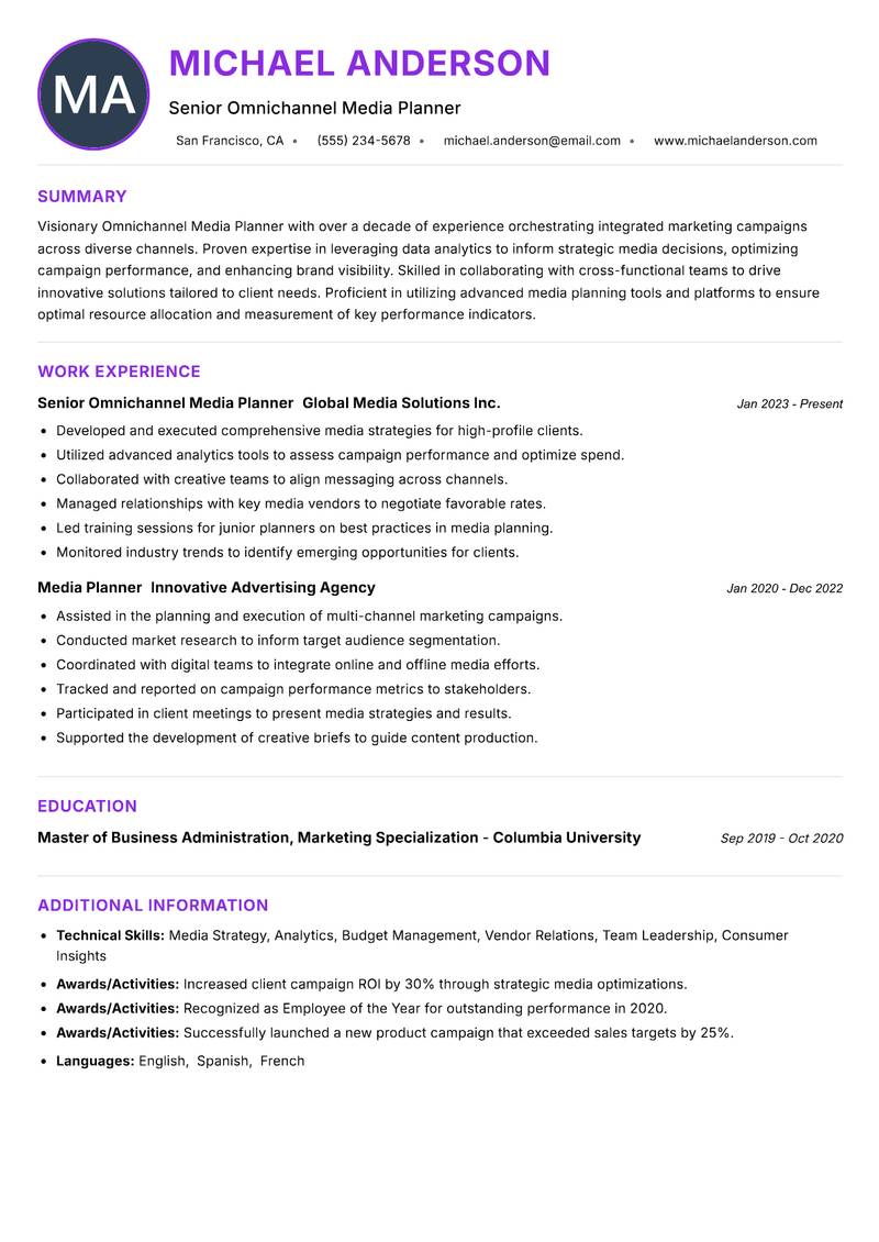 Omnichannel Media Planner resume example