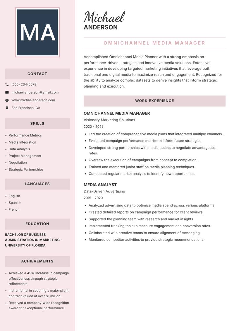 Omnichannel Media Planner resume sample — Omnichannel Media Manager focus