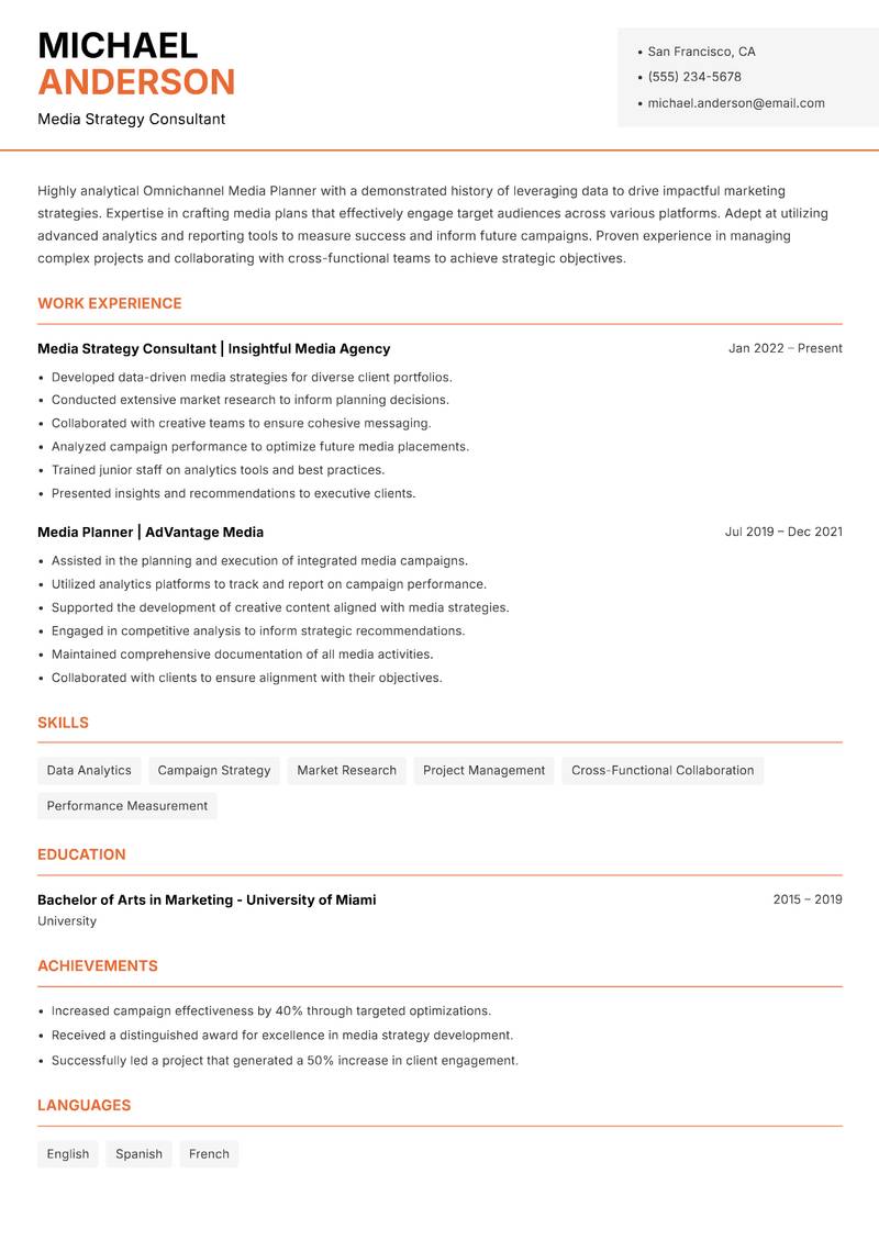 Omnichannel Media Planner resume sample — Media Strategy Consultant focus