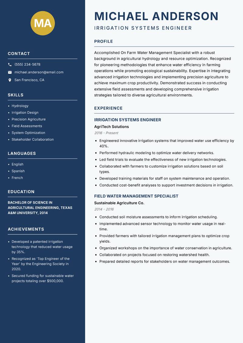 On Farm Water Management Specialist resume sample — Irrigation Systems Engineer focus