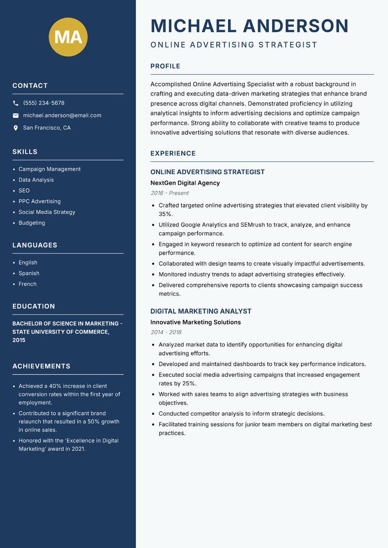 Online Advertising Specialist resume sample — Online Advertising Strategist focus