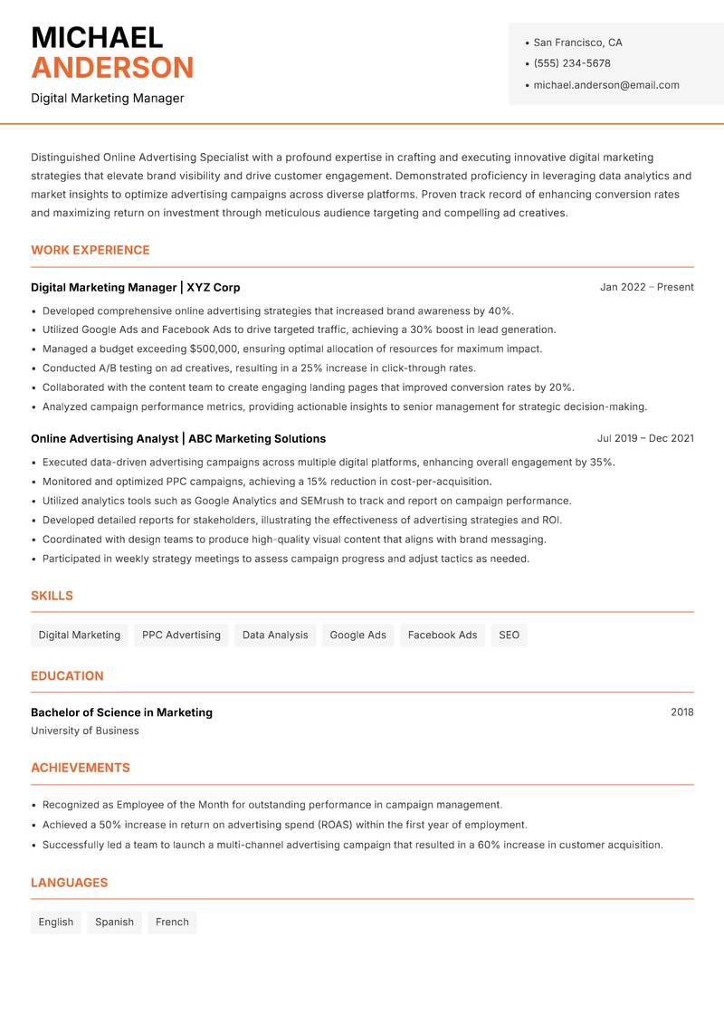 Online Advertising Specialist resume sample — Digital Marketing Manager focus