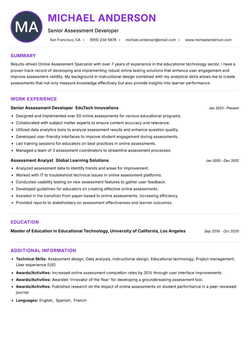 Online Assessment Specialist resume example