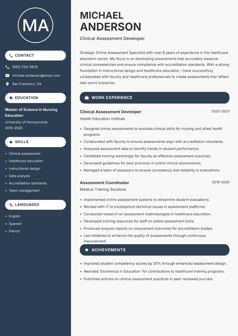 Online Assessment Specialist resume sample — Clinical Assessment Developer focus