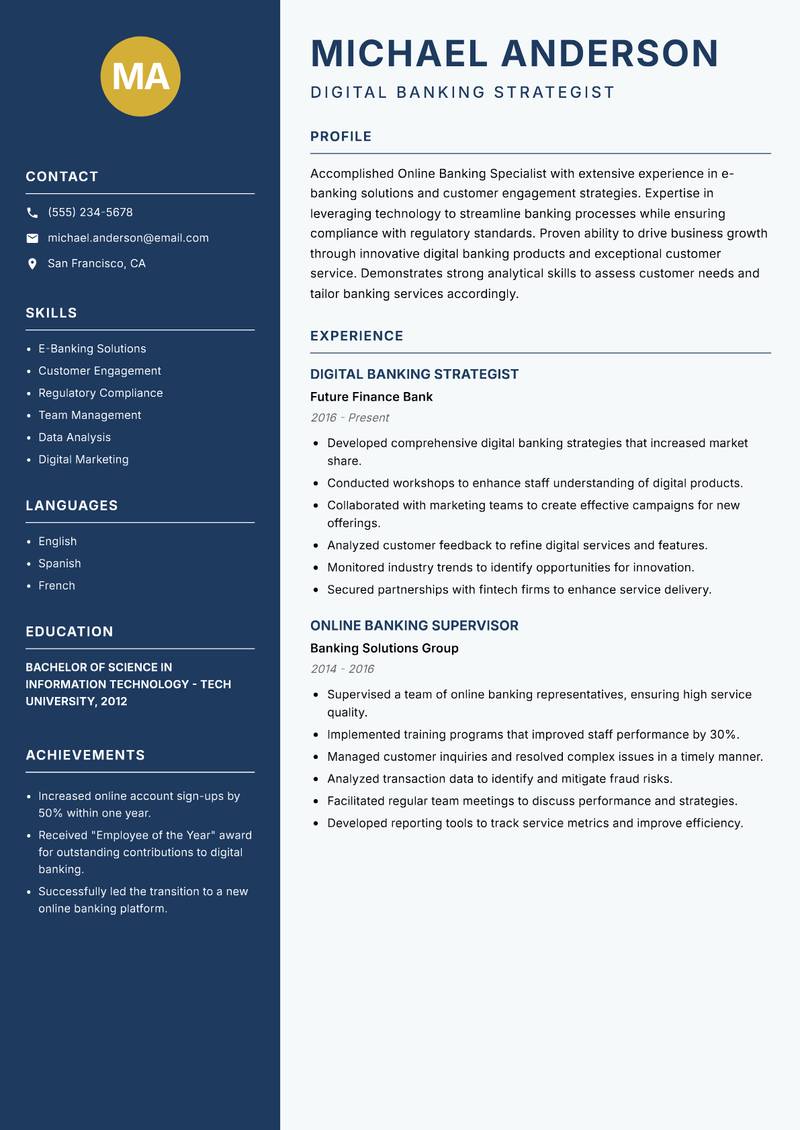 Online Banking Specialist resume sample — Digital Banking Strategist focus