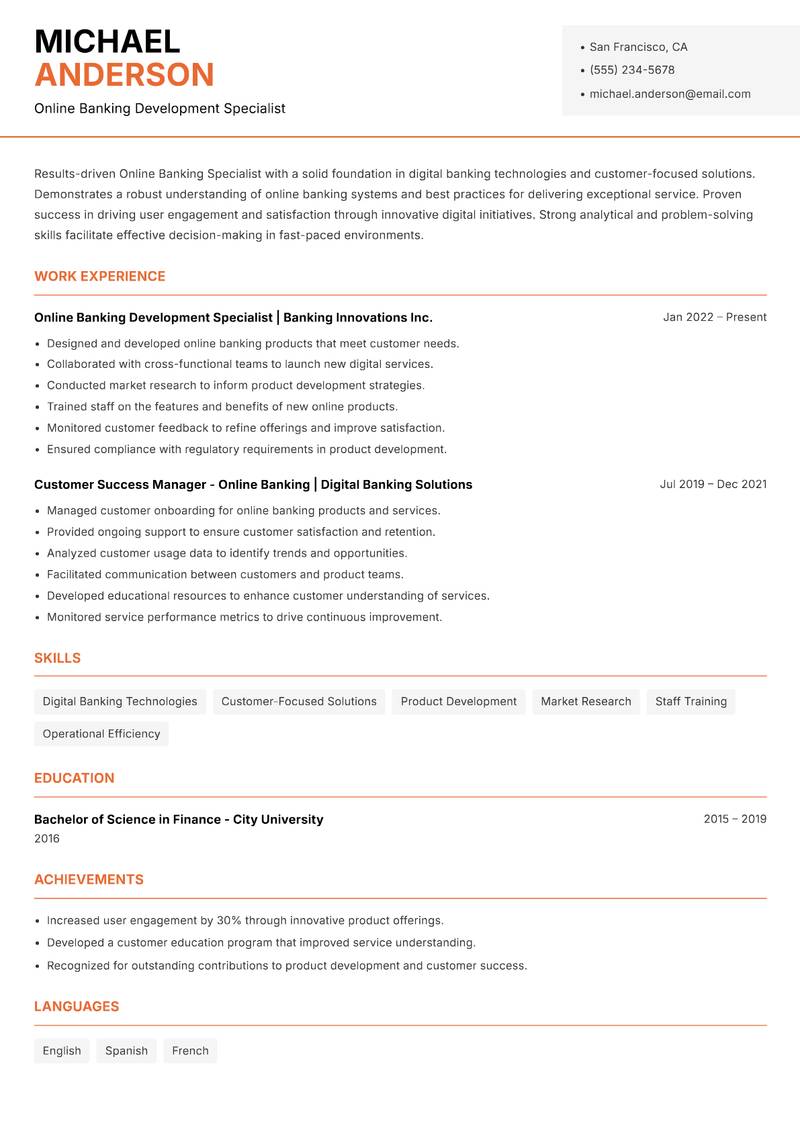 Online Banking Specialist resume sample — Online Banking Development Specialist focus