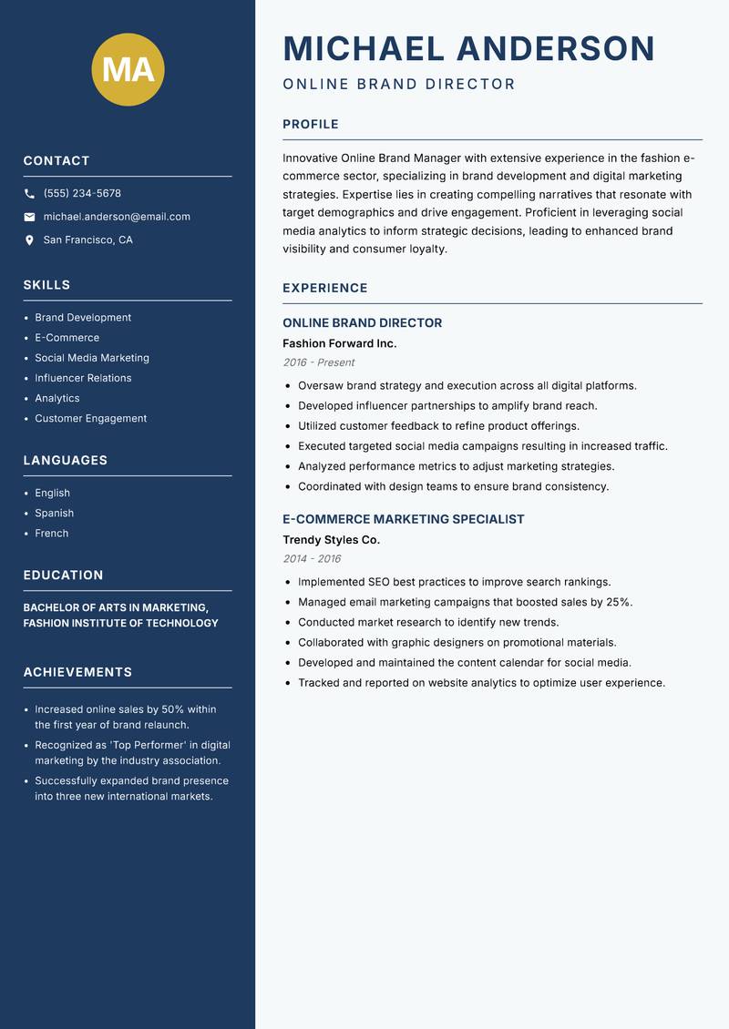 Online Brand Manager resume sample — Online Brand Director focus