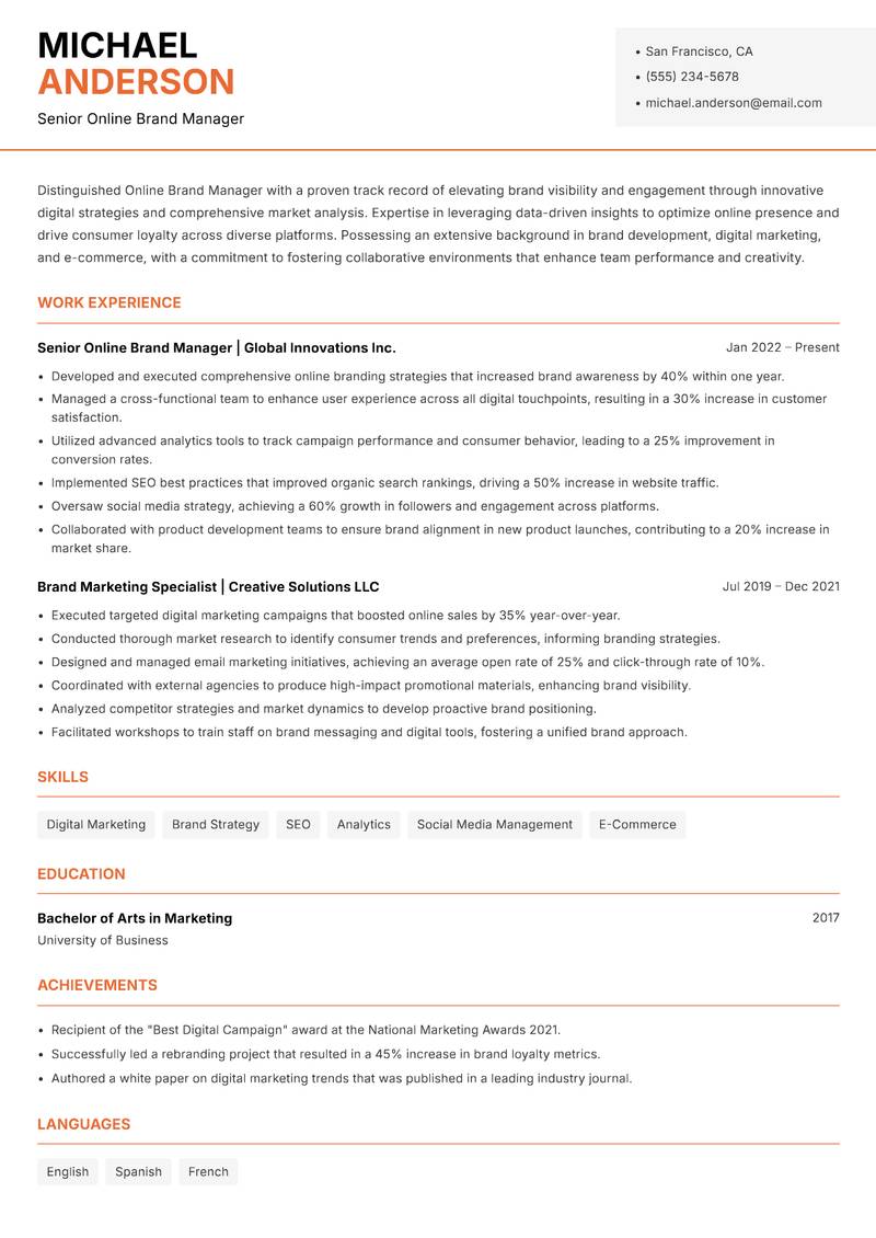 Online Brand Manager resume sample — Senior Online Brand Manager focus
