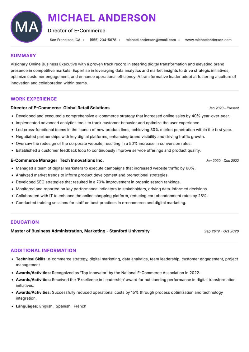 Online Business Executive resume example