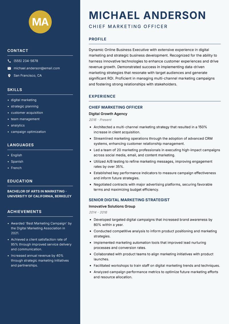 Online Business Executive resume sample — Chief Marketing Officer focus