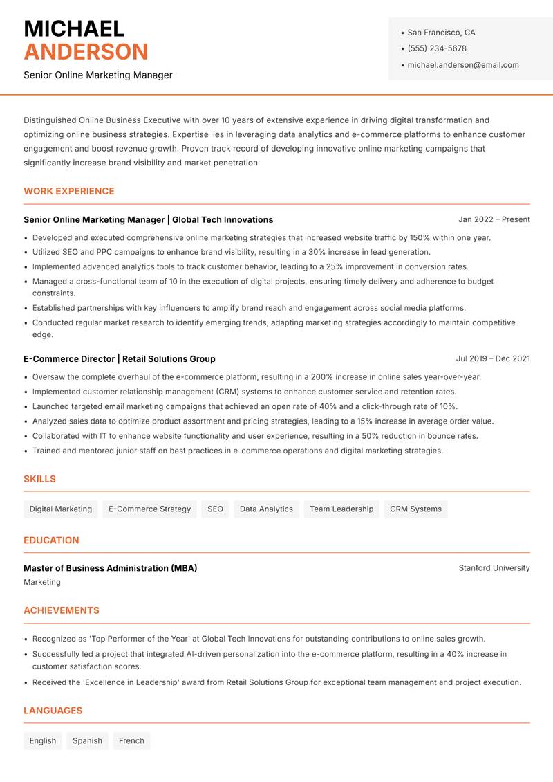 Online Business Executive resume sample — Senior Online Marketing Manager focus