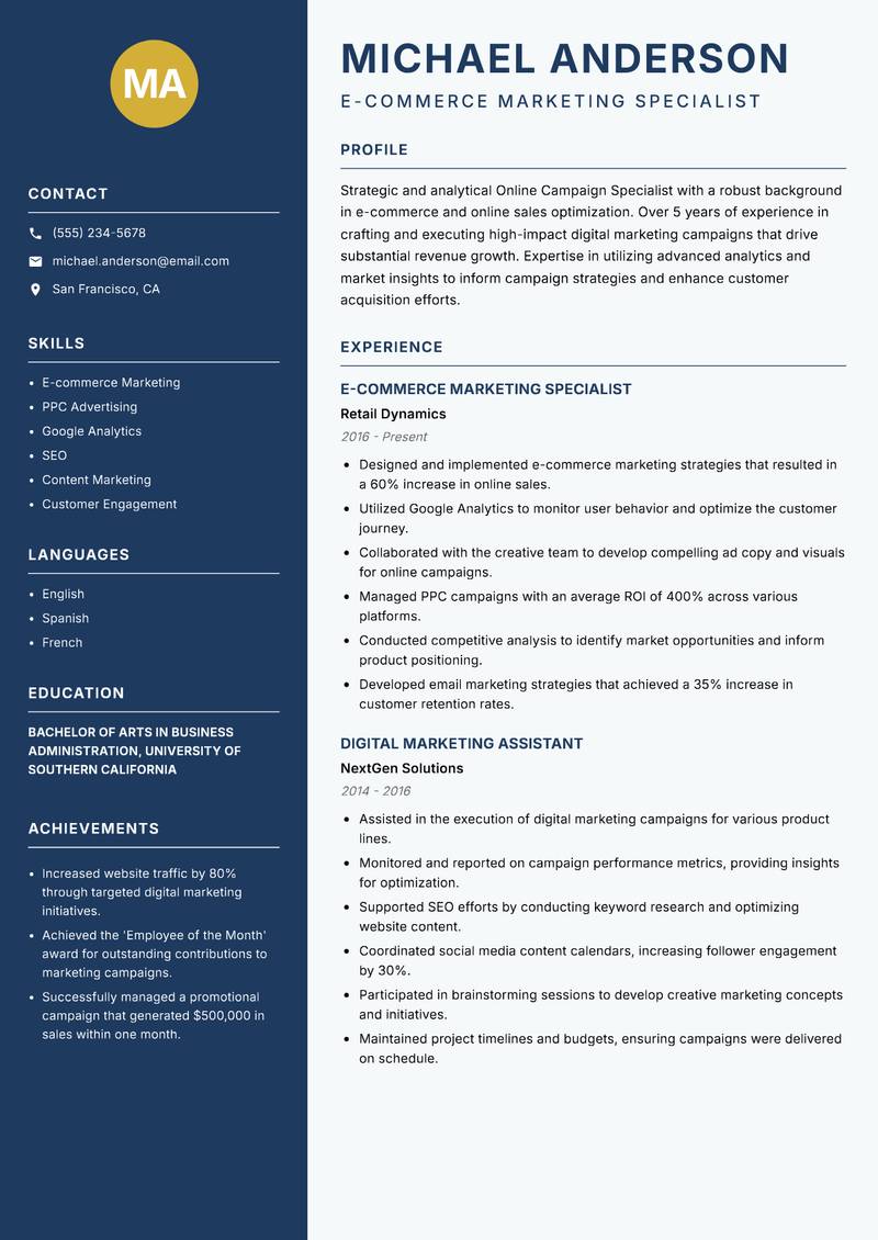 Online Campaign Specialist resume sample — E-commerce Marketing Specialist focus