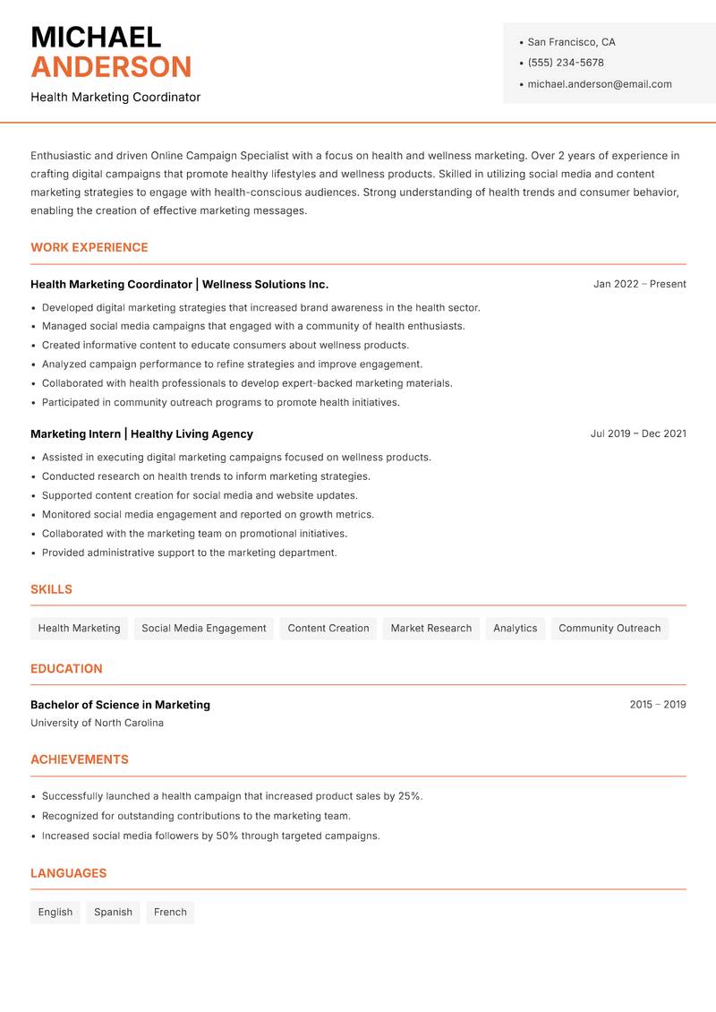 Online Campaign Specialist resume sample — Health Marketing Coordinator focus