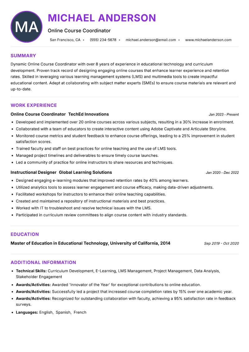 Online Course Coordinator resume example