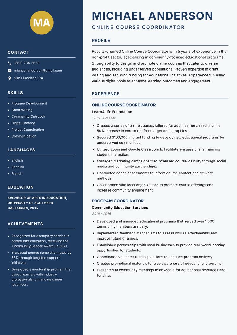 Online Course Coordinator resume sample — Online Course Coordinator focus