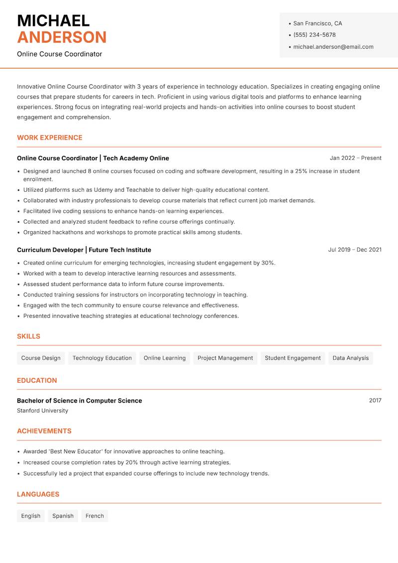Online Course Coordinator resume sample — Online Course Coordinator focus