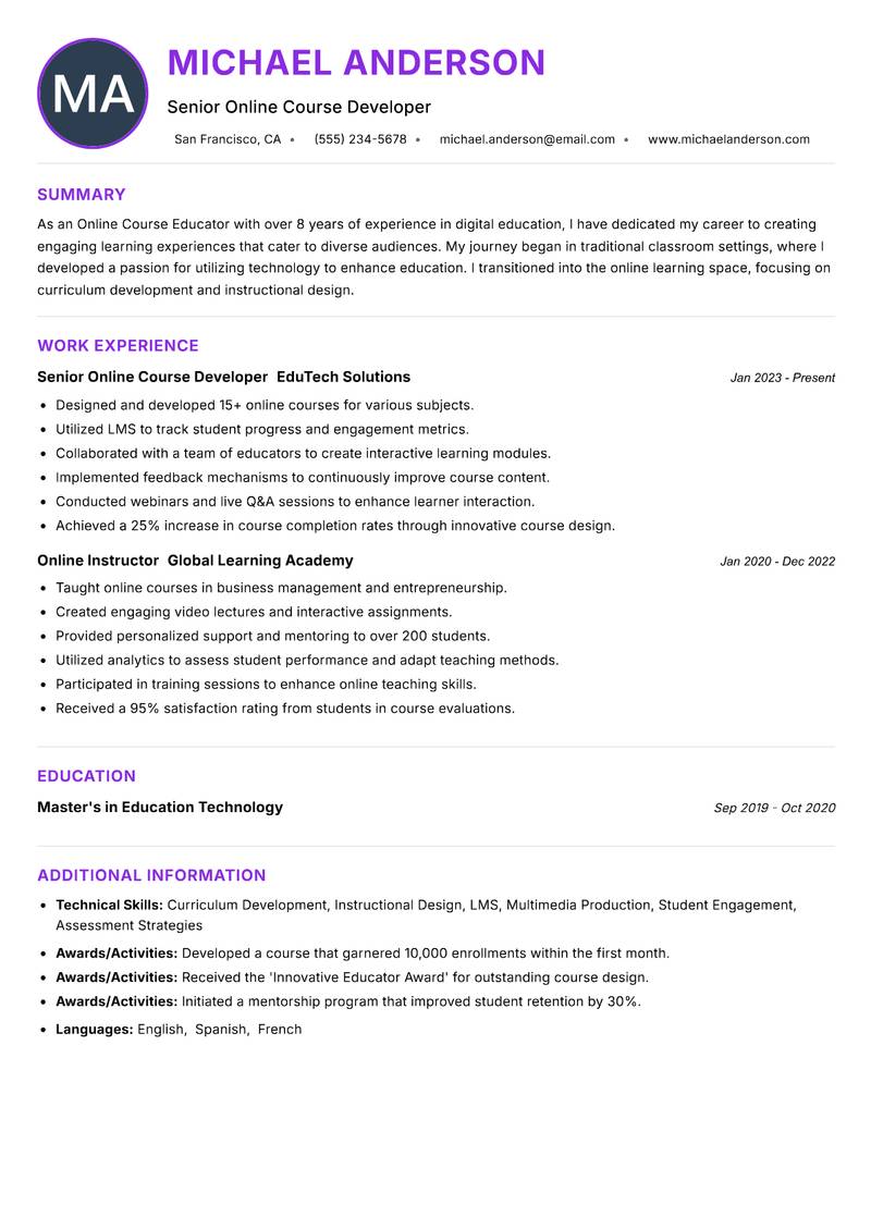 Online Course Educator resume example