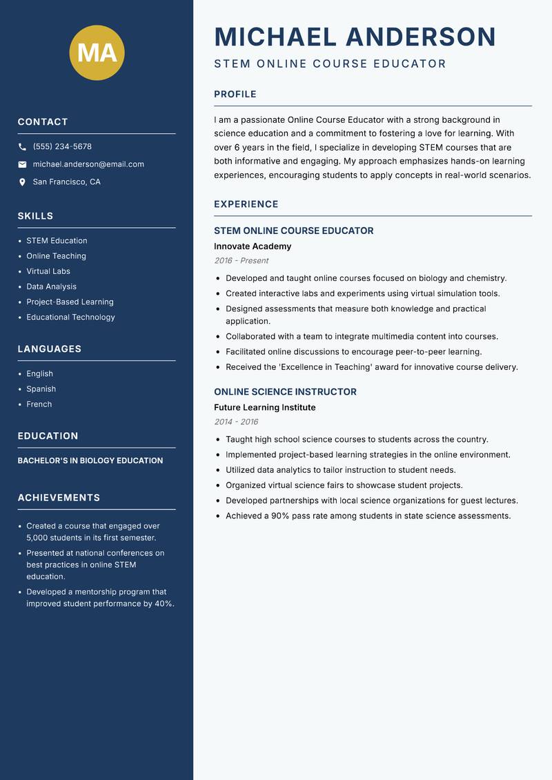 Online Course Educator resume sample — STEM Online Course Educator focus