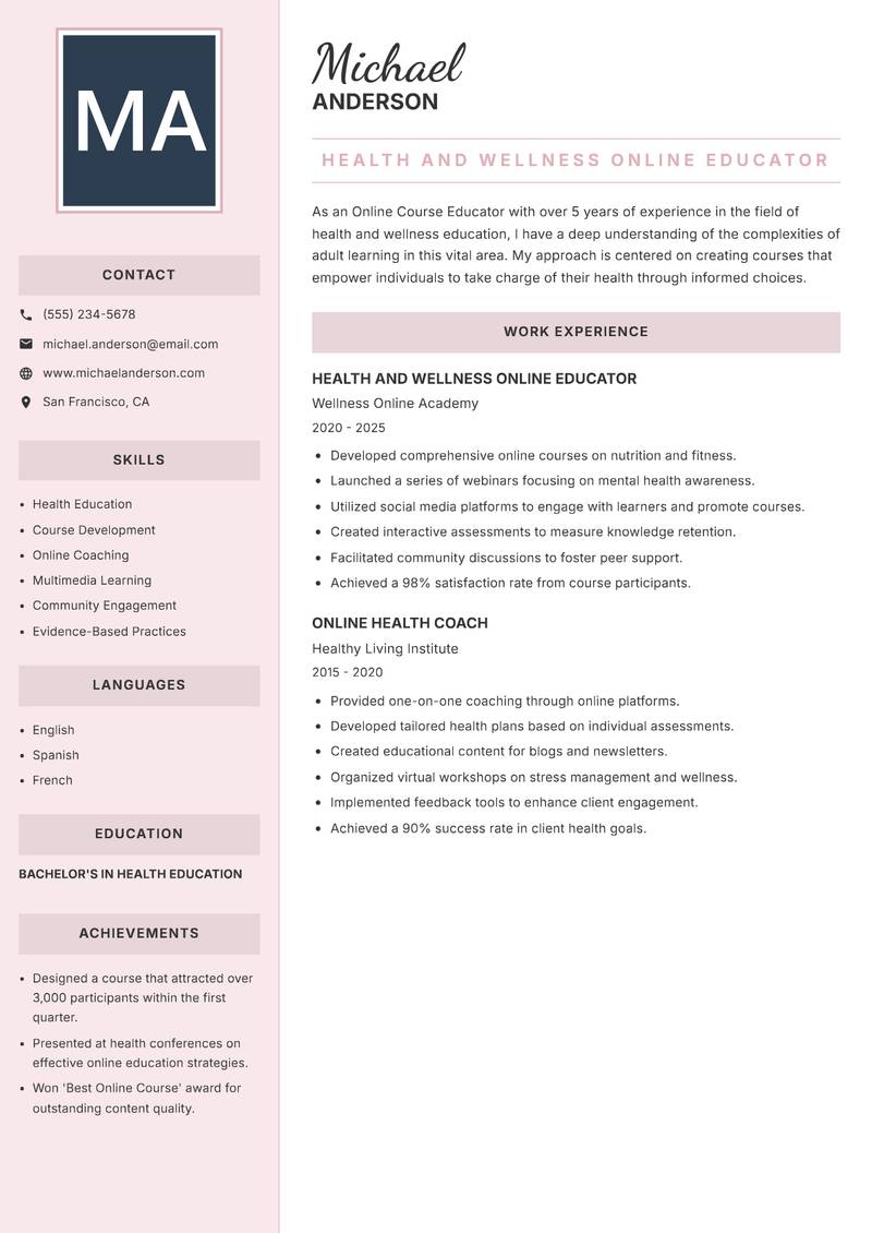 Online Course Educator resume sample — Health and Wellness Online Educator focus