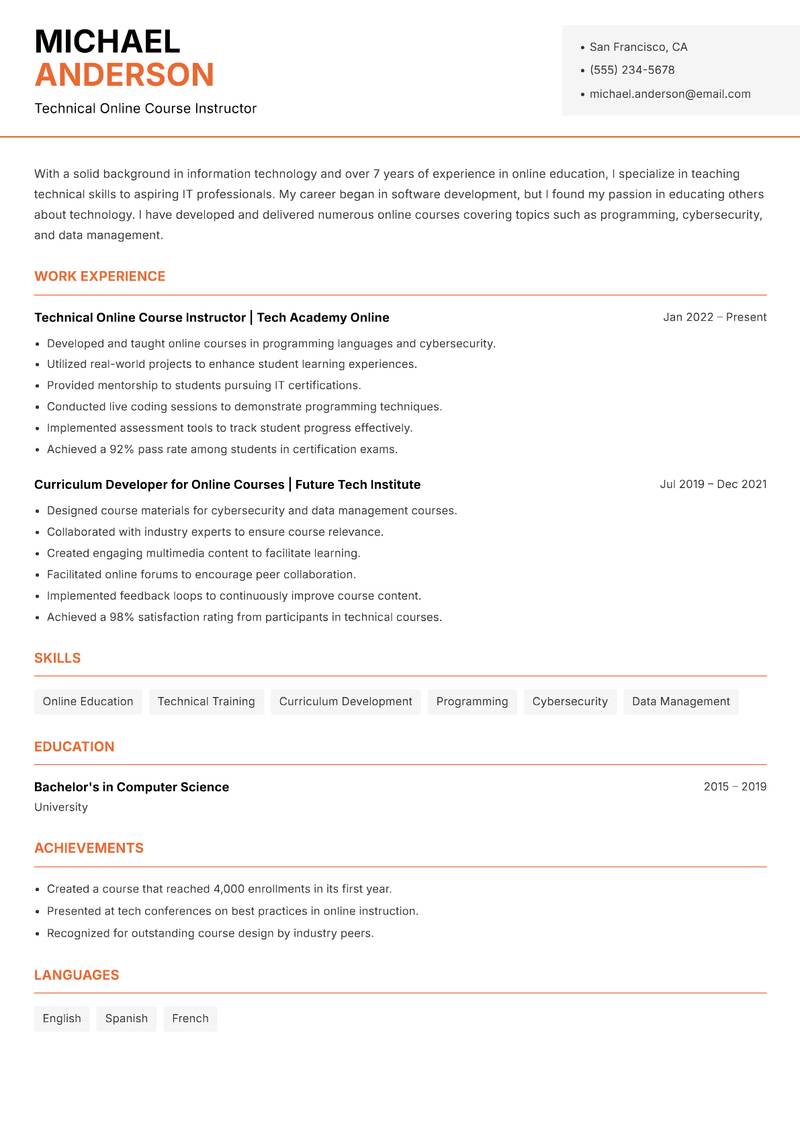 Online Course Educator resume sample — Technical Online Course Instructor focus