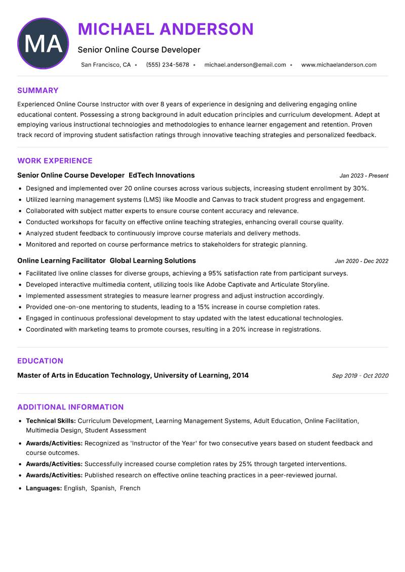 Online Course Instructor resume example