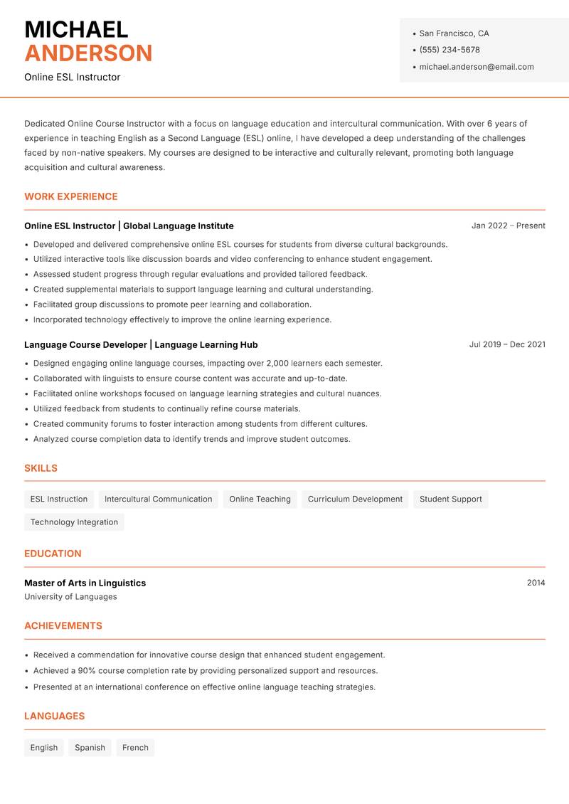 Online Course Instructor resume sample — Online ESL Instructor focus
