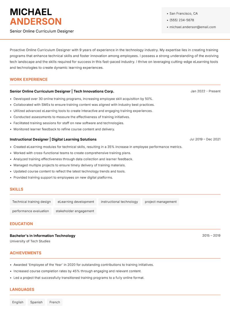 Online Curriculum Designer resume sample — Senior Online Curriculum Designer focus