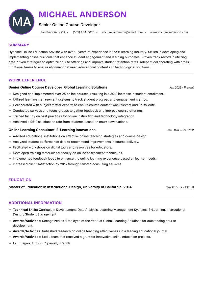 Online Education Advisor resume example