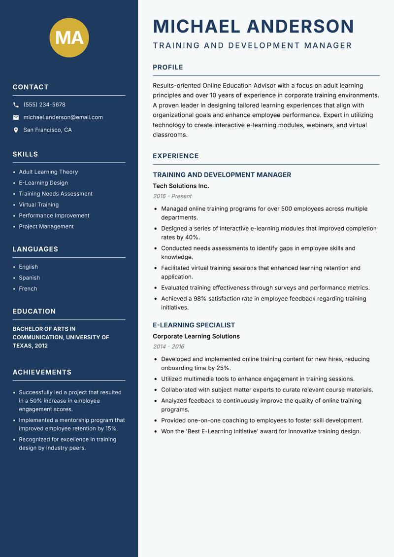Online Education Advisor resume sample — Training and Development Manager focus