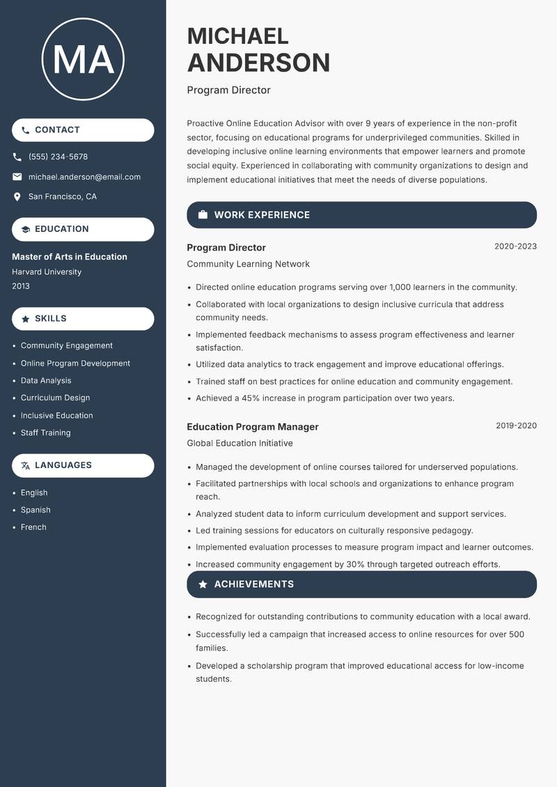 Online Education Advisor resume sample — Program Director focus