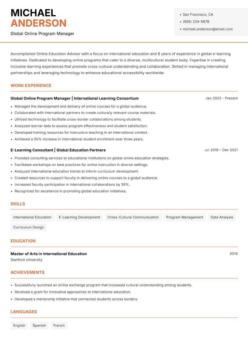 Online Education Advisor resume sample — Global Online Program Manager focus