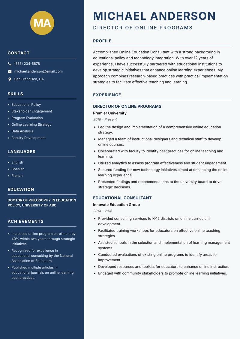 Online Education Consultant resume sample — Director of Online Programs focus