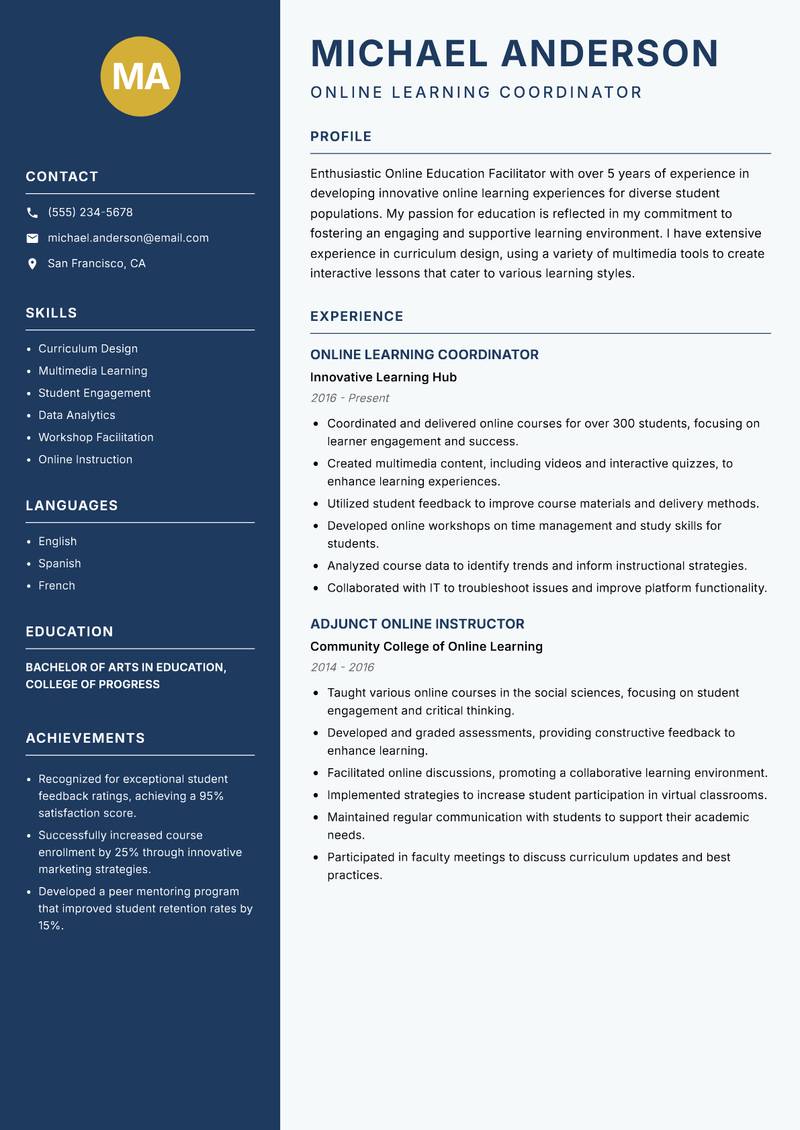 Online Education Facilitator resume sample — Online Learning Coordinator focus