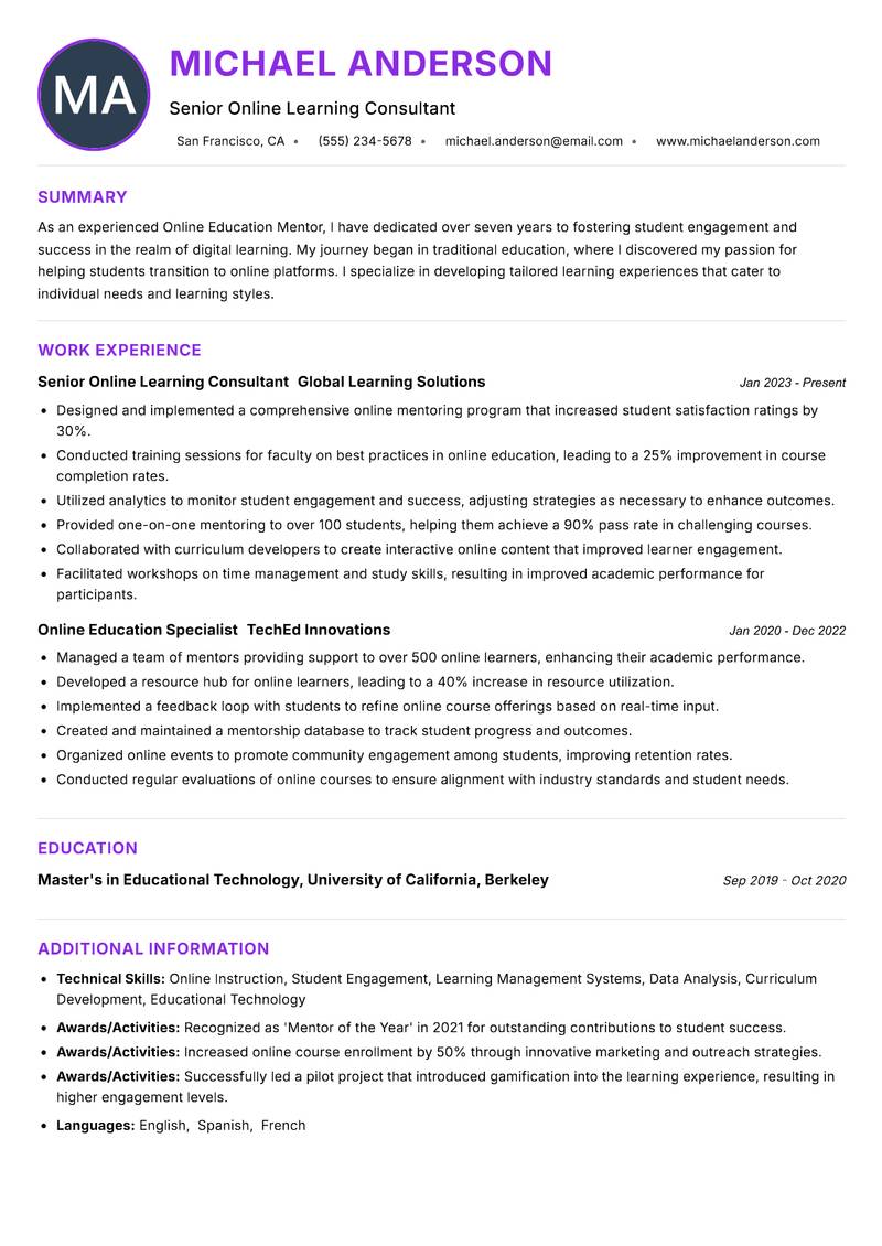 Online Education Mentor resume example