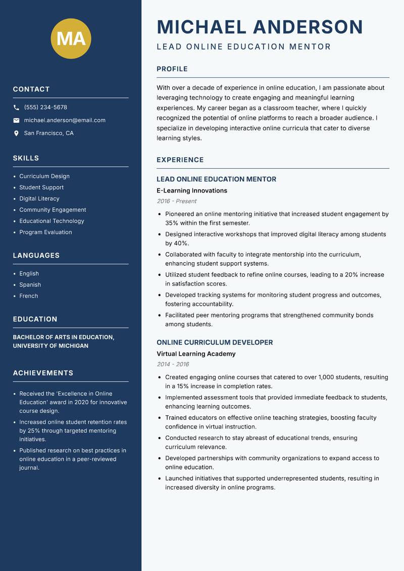 Online Education Mentor resume sample — Lead Online Education Mentor focus