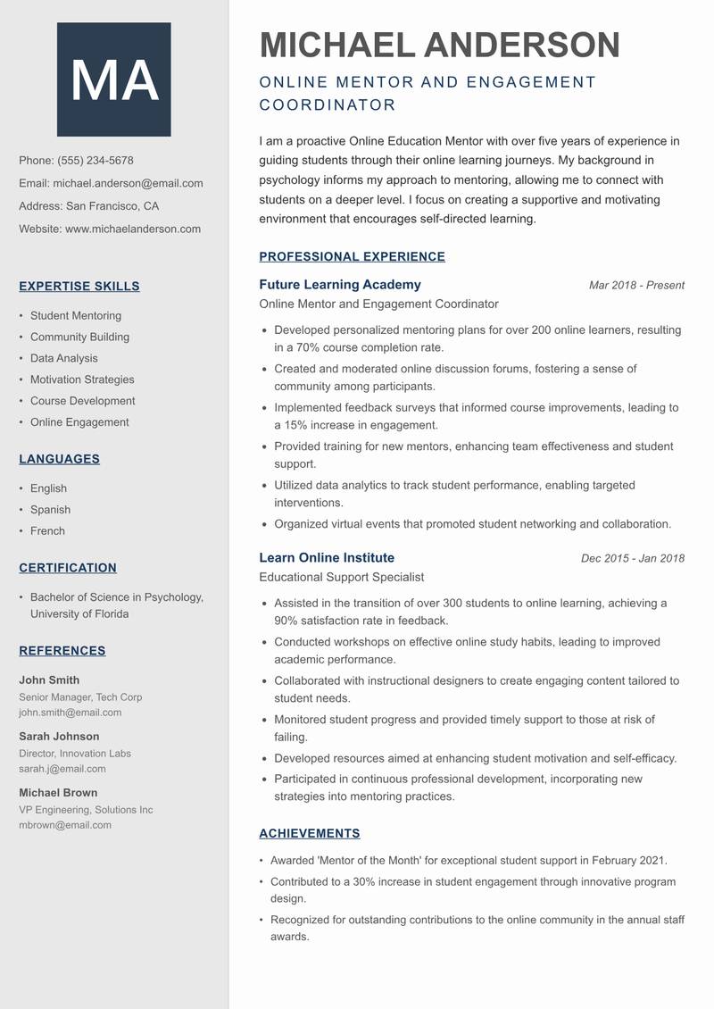 Online Education Mentor resume sample — Online Mentor and Engagement Coordinator focus
